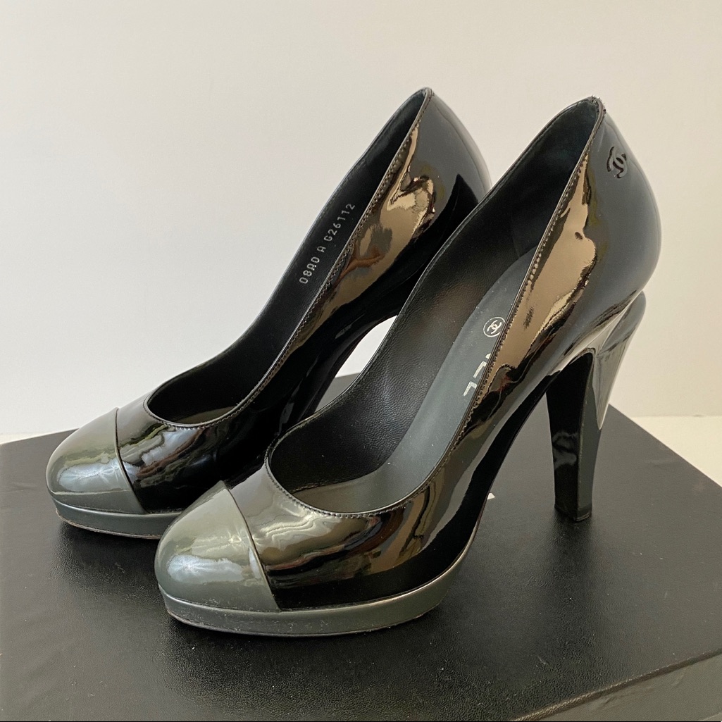 Chanel Black And Grey Patent Platform Cap Toe Pumps